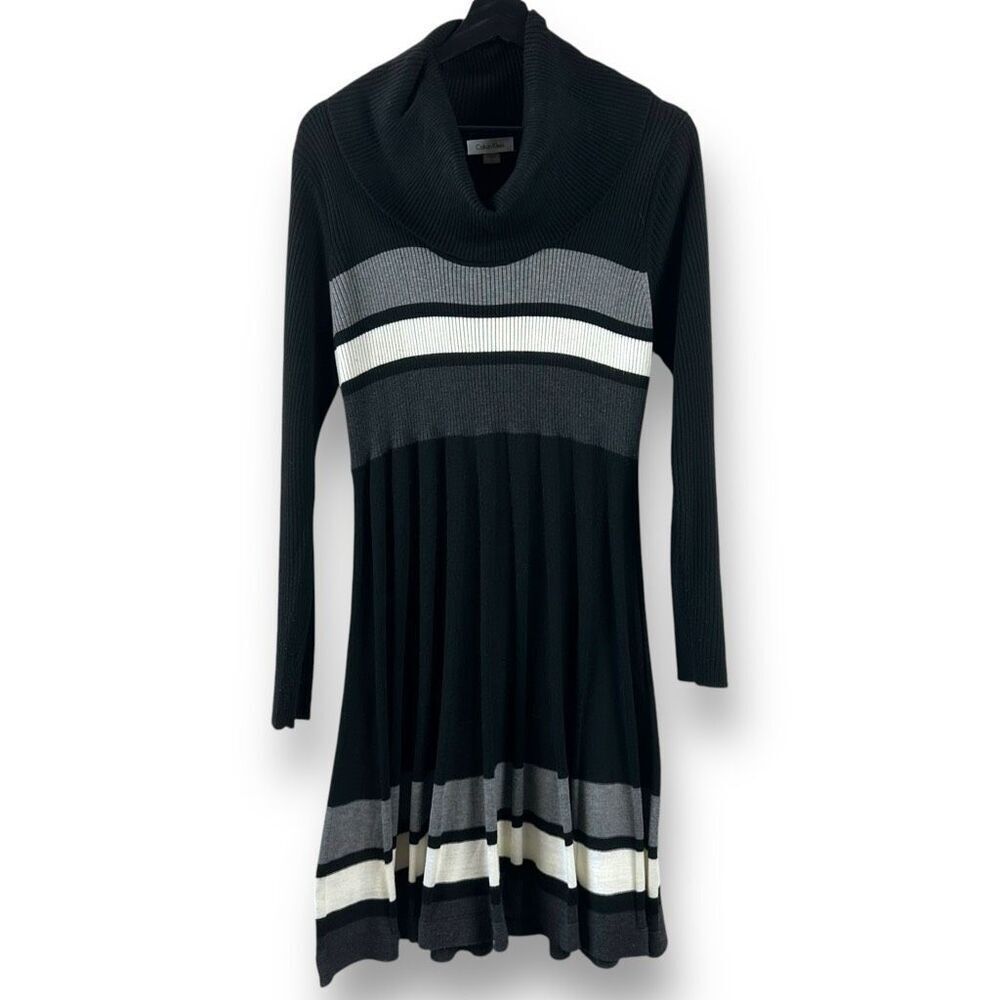 Calvin Klein Women's L Cowl Neck Ribbed Knit Sweater Dress Black Gray Stripe